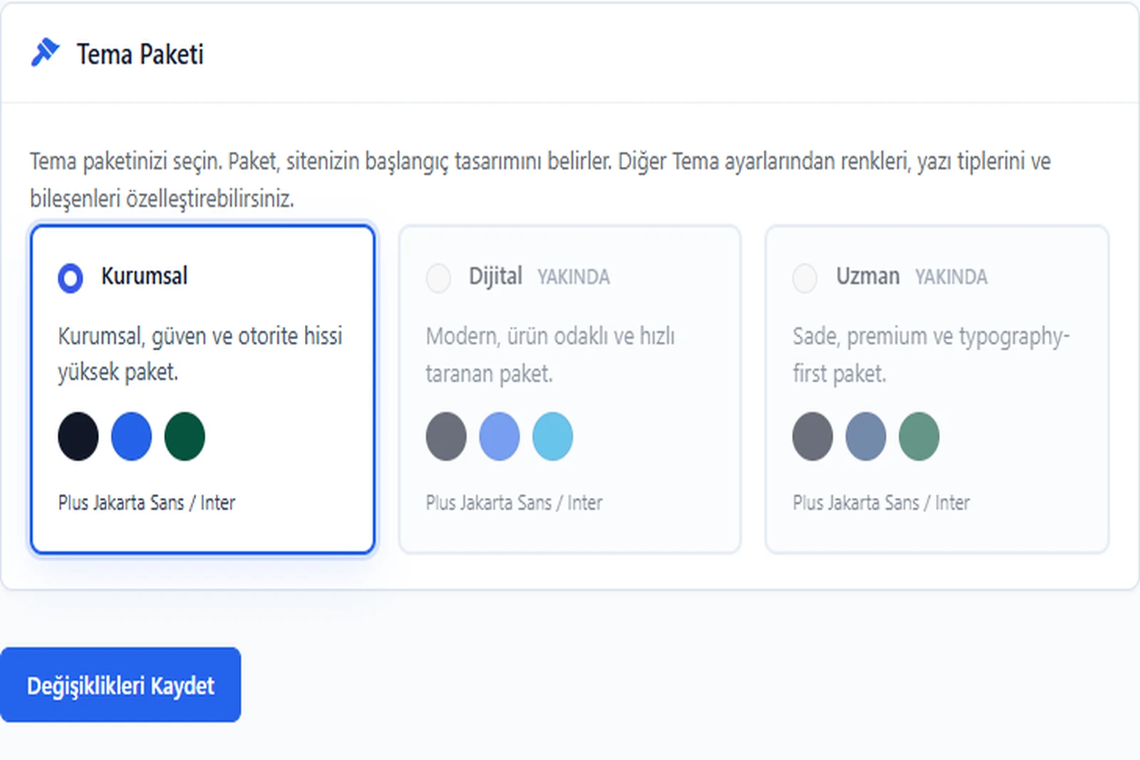 Theme Suite Tema Paketi seçim ekranı