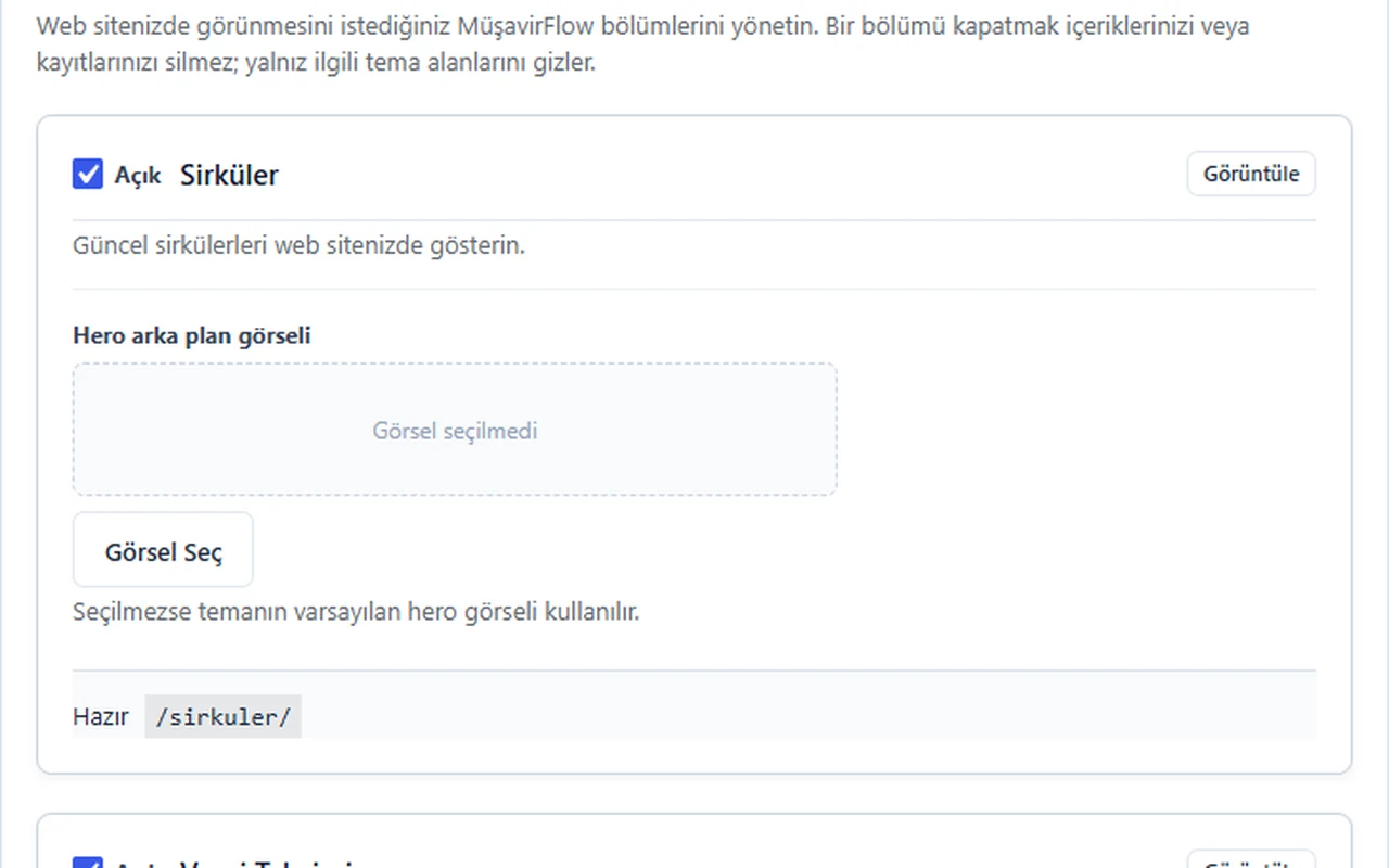 Theme Suite Site Bölümleri ekranı